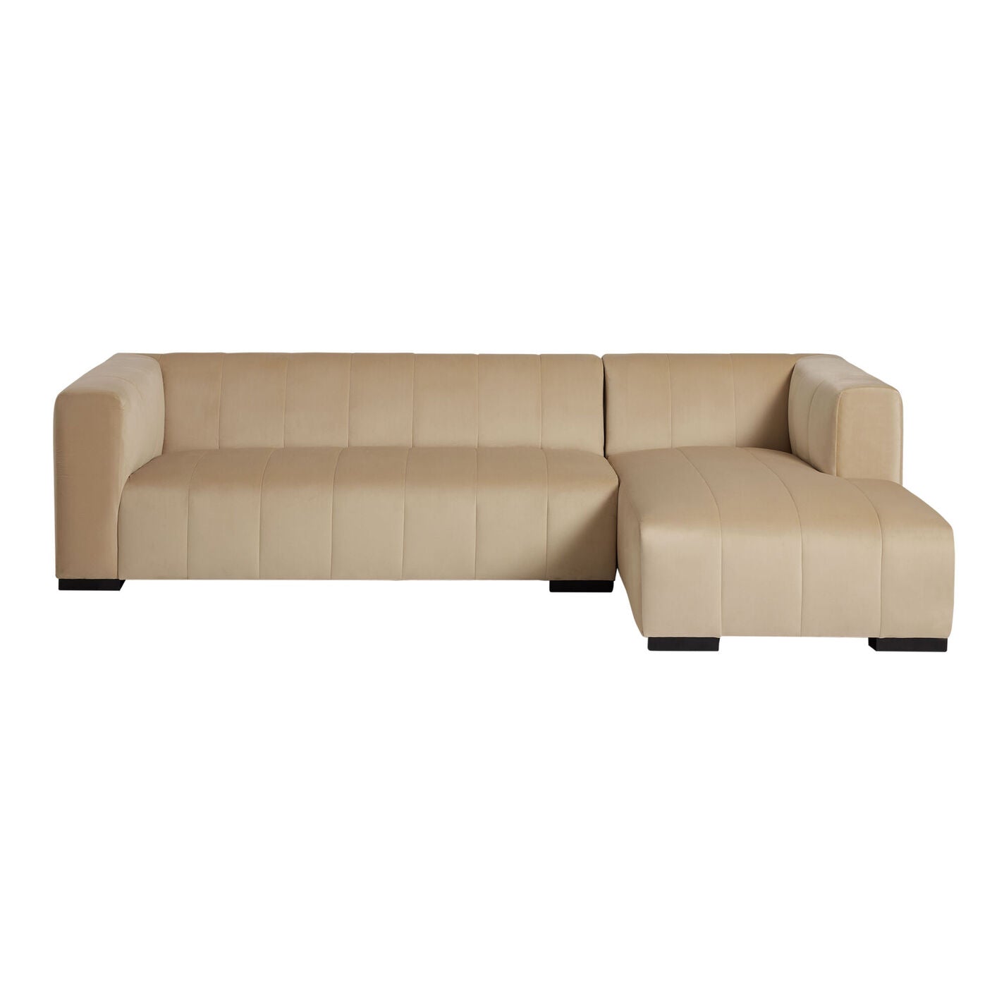 Product description: The Cambrie Wheat Velvet Right-Facing Sectional Sofa, featuring a beige hue, showcases a modern L-shaped design with clean lines and wide armrests. It is set against a white background and includes a right-side chaise extension along with black base legs.