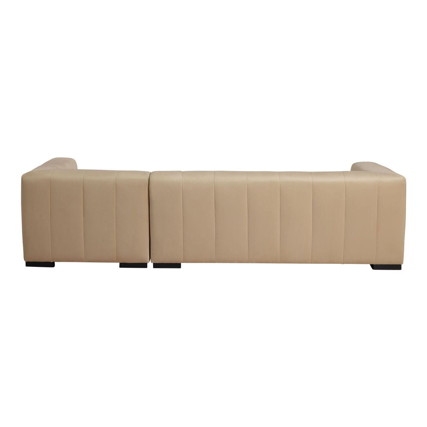 The Cambrie Wheat Velvet Right-Facing Sectional Sofa is a beige, modular piece with a low backrest and a sleek, minimalist design. It consists of two sections and features horizontal stitching on its back, set against a plain white background.