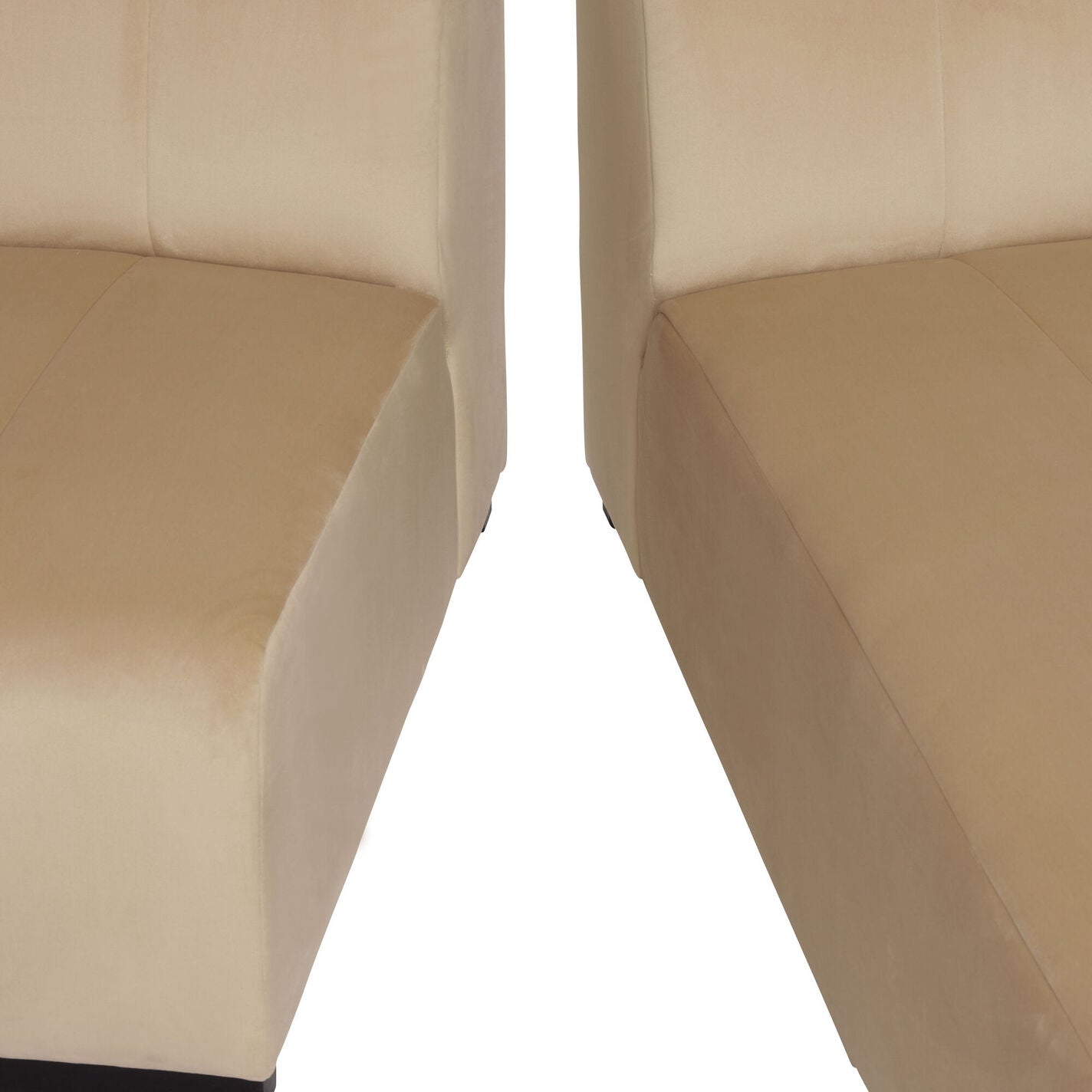 Close-up of two Cambrie Wheat Velvet Right-Facing Sectional Sofa pieces facing each other against a white background, highlighting their angled edges and plush velvet texture.