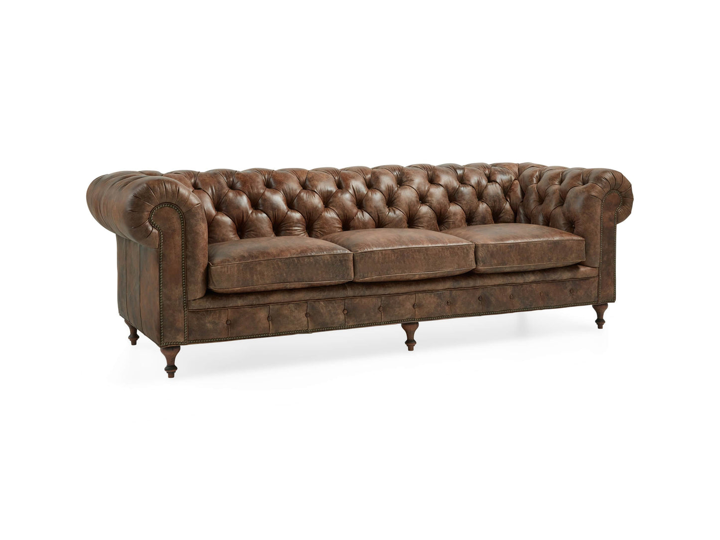 Introducing the Wessex Leather Sofa, a vintage-style Chesterfield masterpiece crafted from rich brown leather. It boasts a tufted back and elegantly rolled arms, along with three cushioned seats and sturdy wooden legs, creating an ambiance of timeless elegance and comfort.