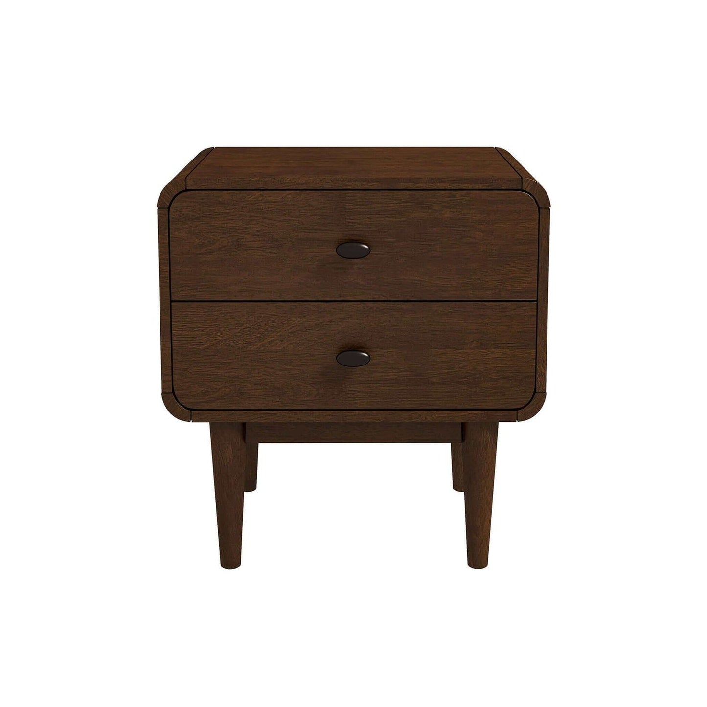 The Alexa nightstand, a Mid-Century Modern piece with two drawers, sits against a white backdrop. It features dark brown wood, rounded edges, tapered legs, and small black oval handles on its drawers.