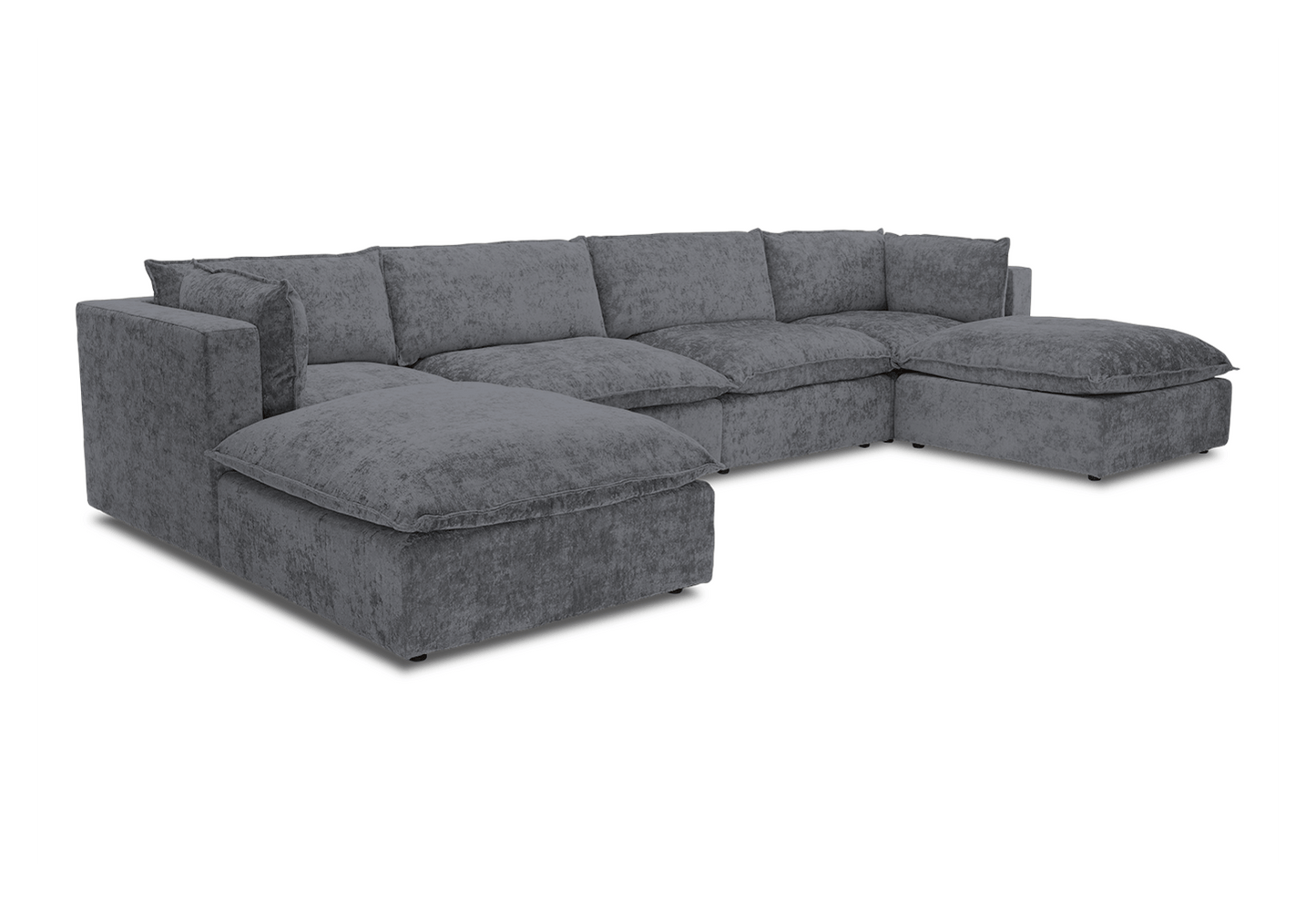 The Haine Modular Grand U-Sofa Sectional is a spacious, gray L-shaped piece that features plush cushions and a textured fabric. Its modern design is highlighted against a plain white background.