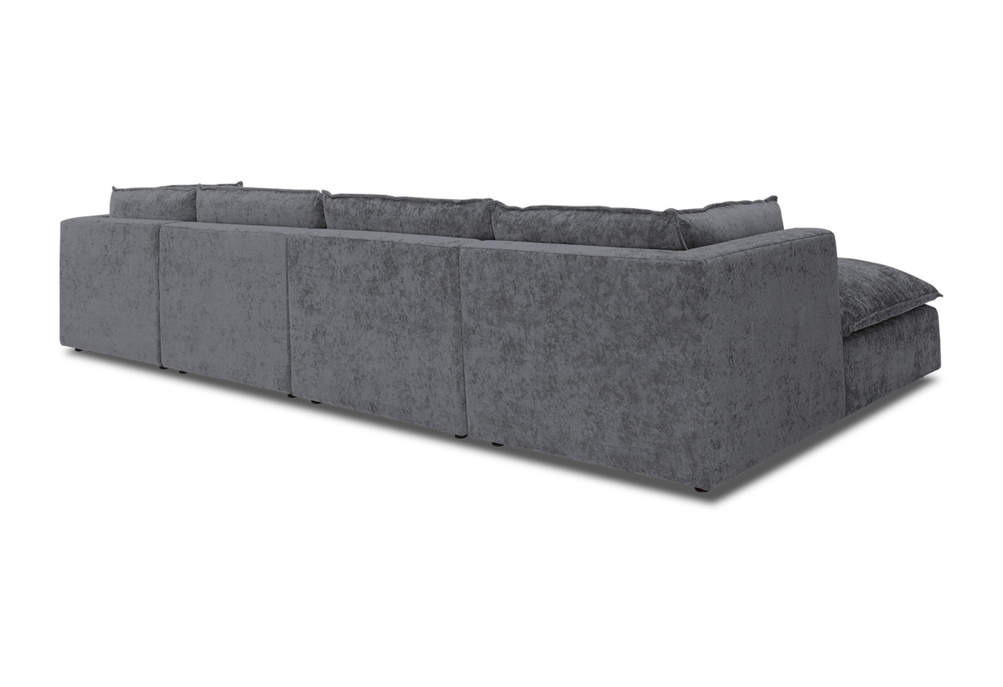 The Haine Modular Grand U-Sofa Sectional is a spacious, contemporary piece featuring textured grey fabric. It has a low profile with clean lines and is designed in an L-shape, set against a simple white backdrop when viewed from the back.