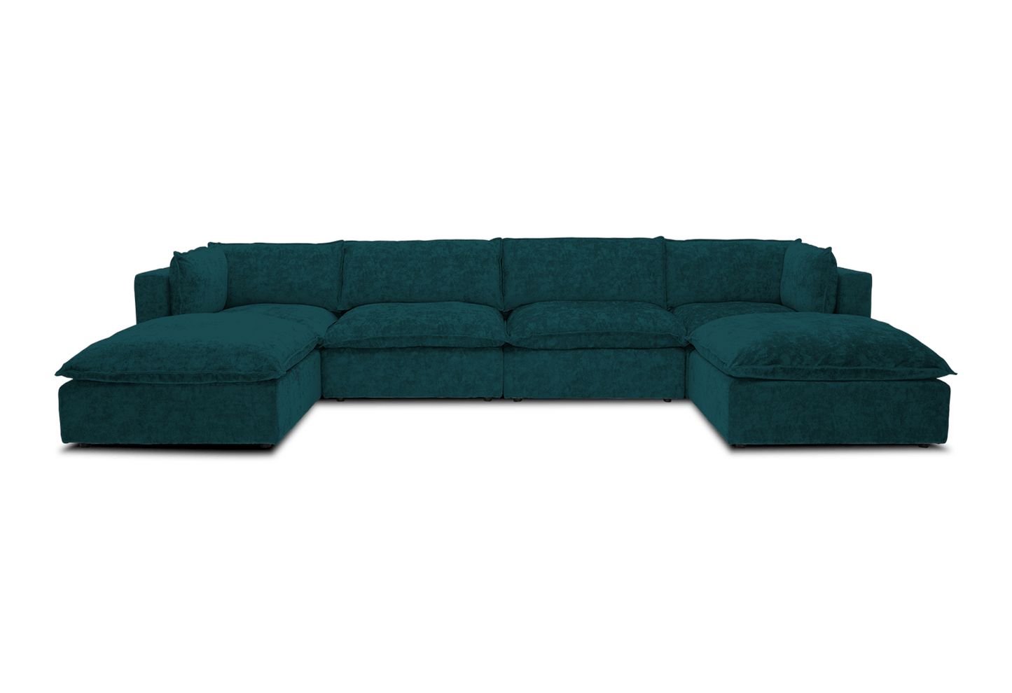 The Haine Modular Grand U-Sofa Sectional is a spacious, dark green sectional with two chaise lounges at both ends, set against a white background. It features plush cushions and a modern design, providing ample seating space.