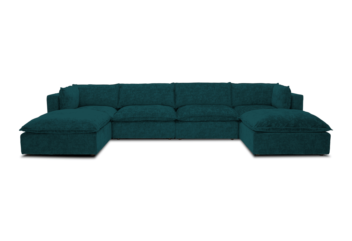 The Haine Modular Grand U-Sofa Sectional is a spacious, dark green sectional with two chaise lounges at both ends, set against a white background. It features plush cushions and a modern design, providing ample seating space.