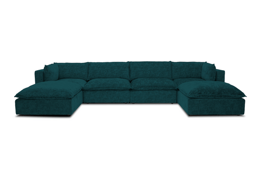 The Haine Modular Grand U-Sofa Sectional is a spacious, dark green sectional with two chaise lounges at both ends, set against a white background. It features plush cushions and a modern design, providing ample seating space.