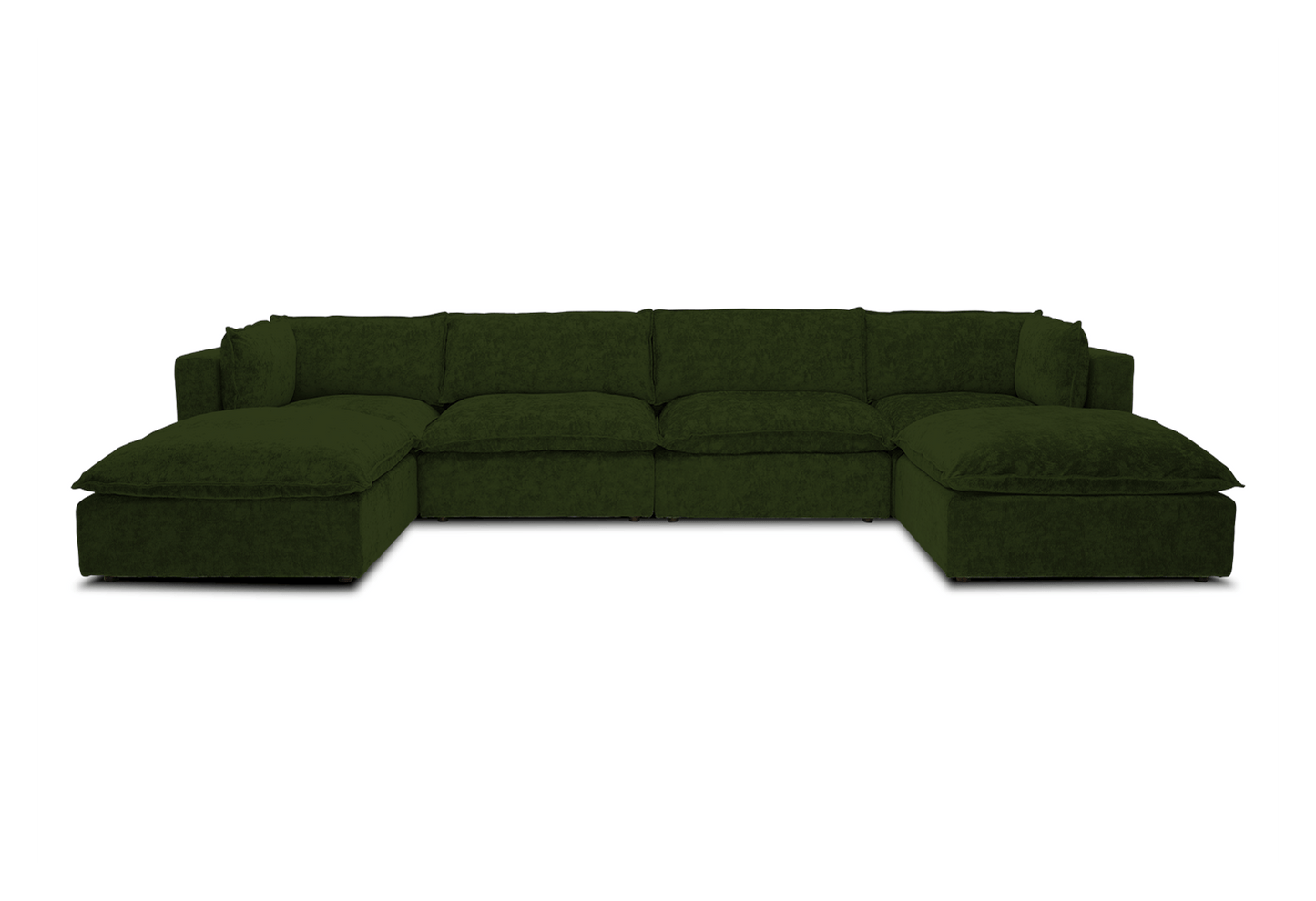 The Haine Modular Grand U-Sofa Sectional, a large and dark green sofa with multiple cushions, features a modern design with spacious seating and is placed against a plain white background in a U-shape.