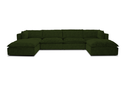 The Haine Modular Grand U-Sofa Sectional, a large and dark green sofa with multiple cushions, features a modern design with spacious seating and is placed against a plain white background in a U-shape.