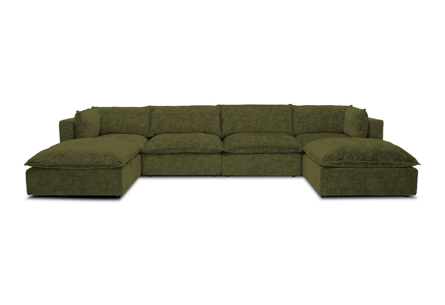 The Haine Modular Grand U-Sofa Sectional, a spacious olive green sofa with multiple cushions and a chaise lounge on each end, set against a plain white background.