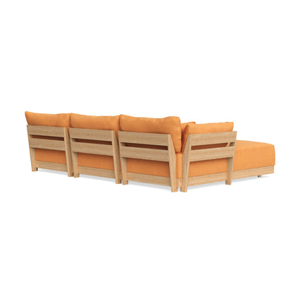 A Modular Bondi Latte 3 Seater Sectional with orange cushions and a light wood frame, viewed from the back and angled slightly to showcase its extended length. The design features three cushion sections and an extended chaise on the right.