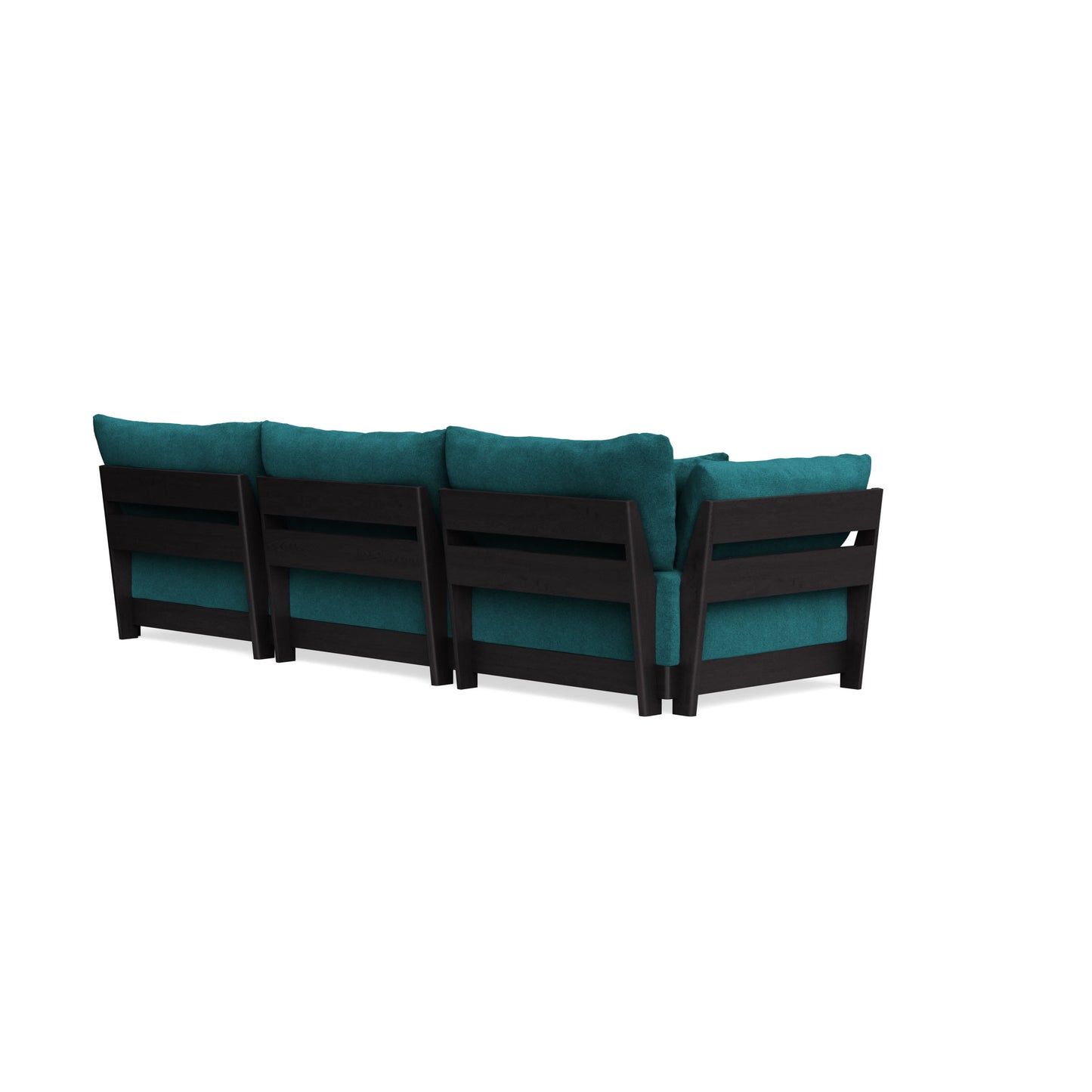 Back view of the Modular Bondi Latte 3 Seater Sofa, featuring a dark wooden frame with teal cushions. The sofa has three sections with vertical slats and supportive armrests, offering a stylish and contemporary design.