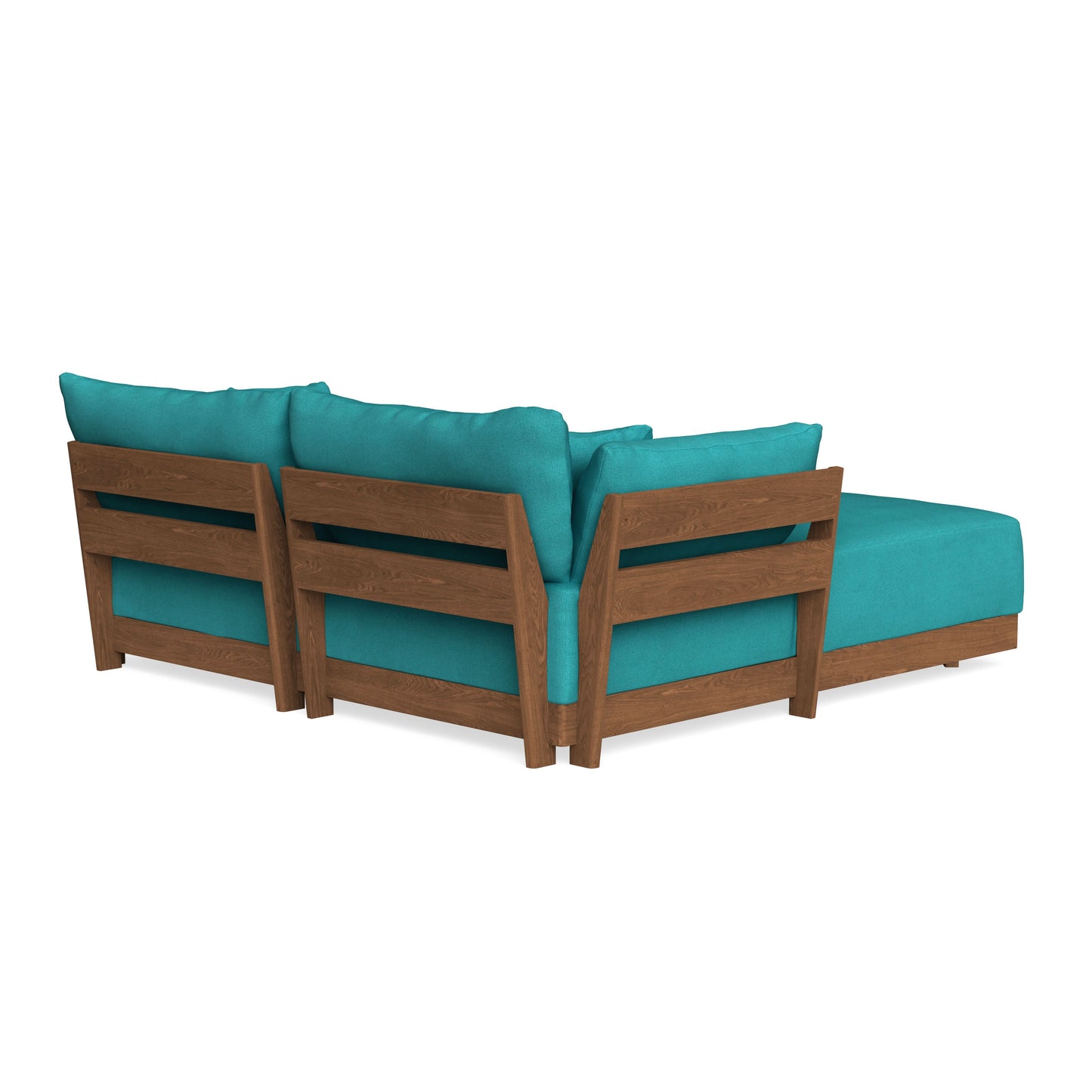 Teal L-shaped sectional sofa with wooden frame and plush cushions, viewed from the back. The sofa features a modern design with clean lines, showcasing its comfortable and stylish aesthetic.