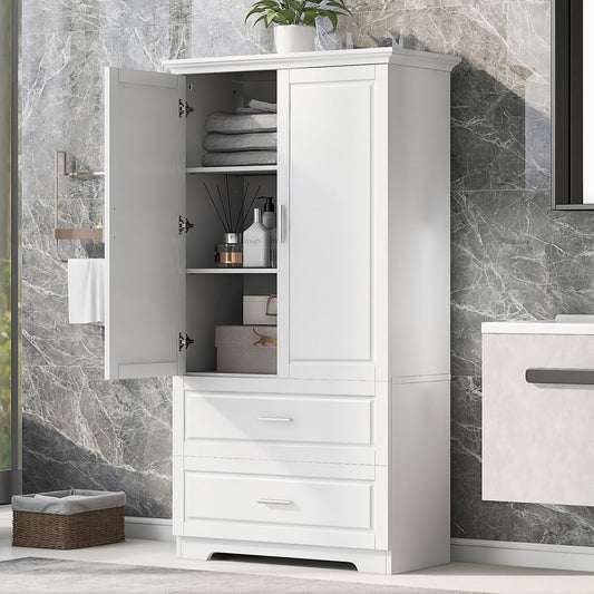 A Tall Bathroom Storage Cabinet made of white MDF board stands against a marble wall in the bathroom. One door is open, showing folded towels and toiletries. It has two drawers below, an adjustable shelf, a plant on top, and a towel rack to the left.