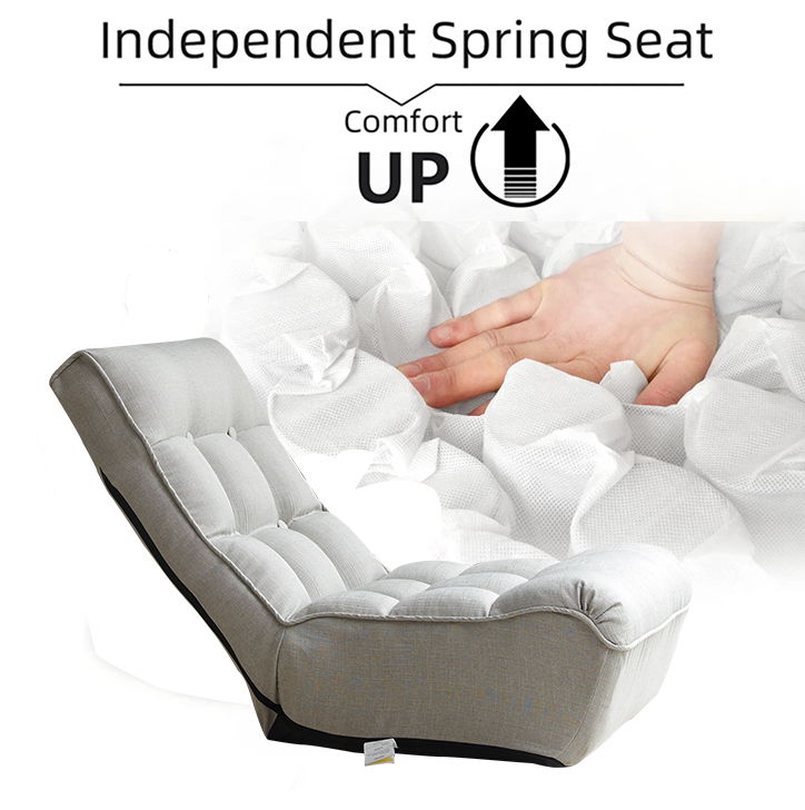 The Reclining Japanese Chair Lazy Sofa Tatami Balcony Adjustable Chair features a soft, tufted cushion with an independent spring seat design for enhanced comfort. A hand presses on the springs, demonstrating flexibility. Text: “Independent Spring Seat” and “Comfort UP.”.