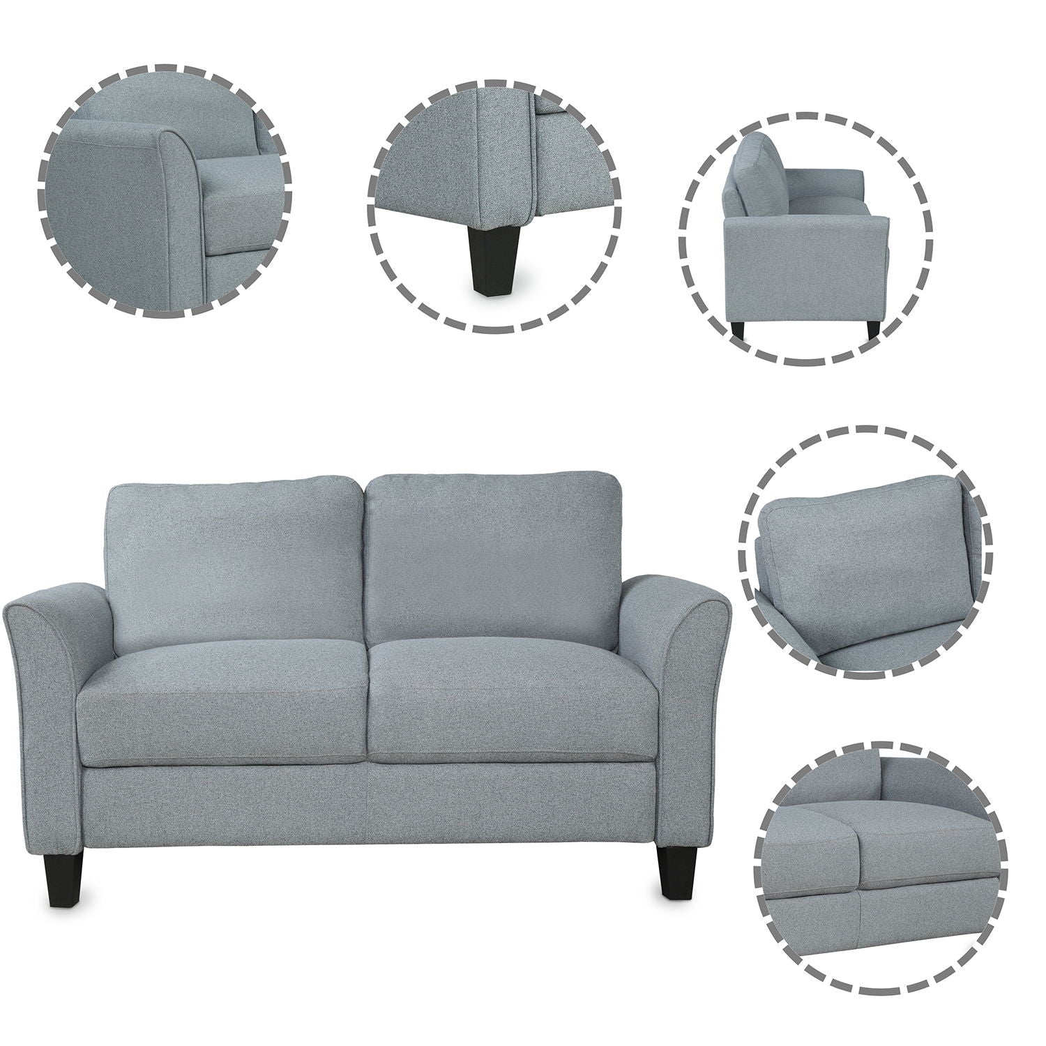 The Living Room Furniture Love Seat features a light gray two-seater design with dark legs. Five close-up circles detail the armrest, backrest, cushion, and leg.