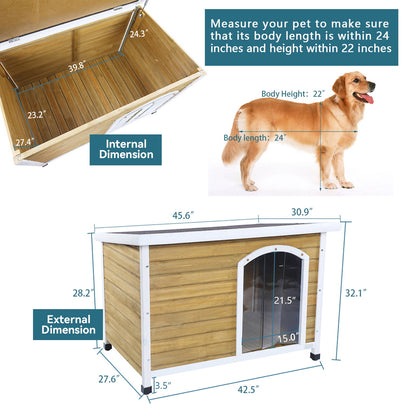 Large Wooden Outdoor Dog House, Waterproof Roof, Elevated Floor, Adjustable Plastic Feet - Yellow