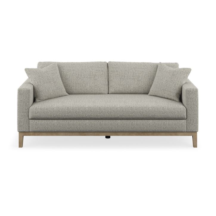 The Capri Sofa is a contemporary gray fabric sofa with wooden legs, showcasing a minimalist design. It comes with two matching throw pillows to enhance its clean and inviting appearance.