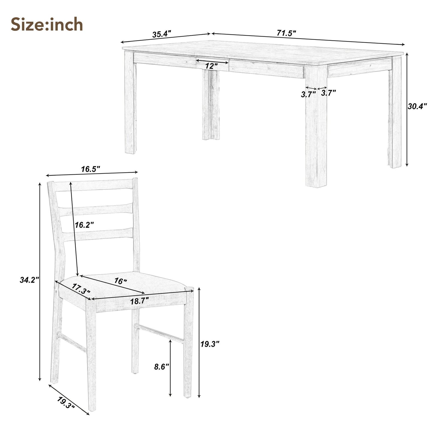 The Wooden Dining Table Set includes a multifunctional extendable table with two drawers measuring 71.5"x35.4"x30.4" and dining chairs with soft cushions measuring 34.2"x17.3"x16.7", featuring a seat height of 18.9". All dimensions are in inches.