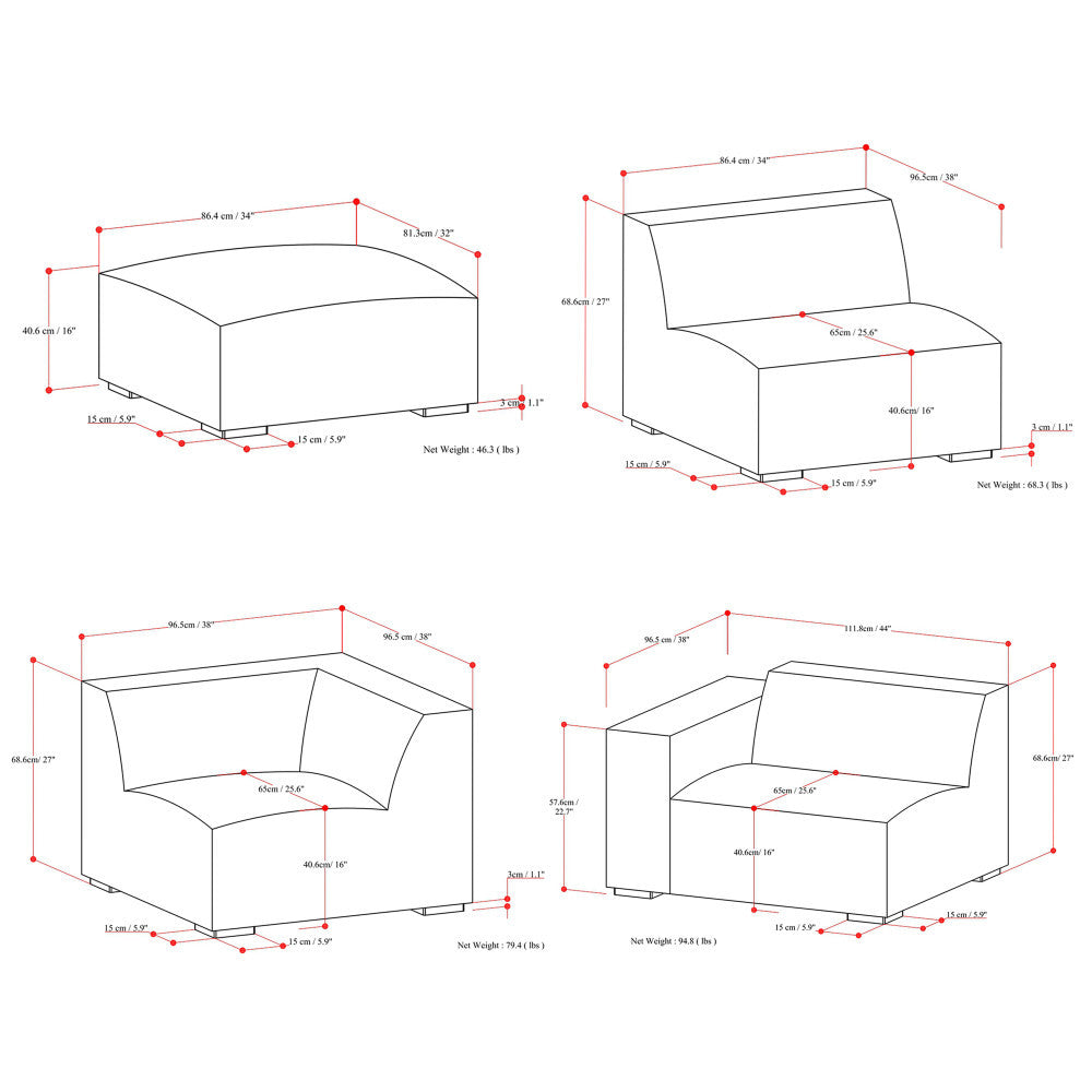 Line drawings showing the dimensions of four different modular sofa pieces, including lengths, widths, and heights in both centimeters and inches. Each piece is outlined with red measurement lines.