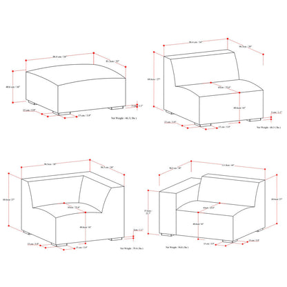 Line drawings showing the dimensions of four different modular sofa pieces, including lengths, widths, and heights in both centimeters and inches. Each piece is outlined with red measurement lines.