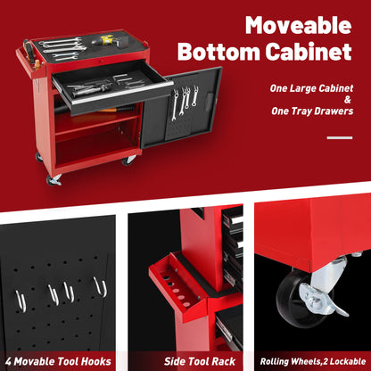 Image of a red Tool Chest with a detachable top tool box, featuring one cabinet, a tray drawer, four movable hooks, a side tool rack, and two lockable wheels. Several tools are displayed inside the open drawers and on hooks.