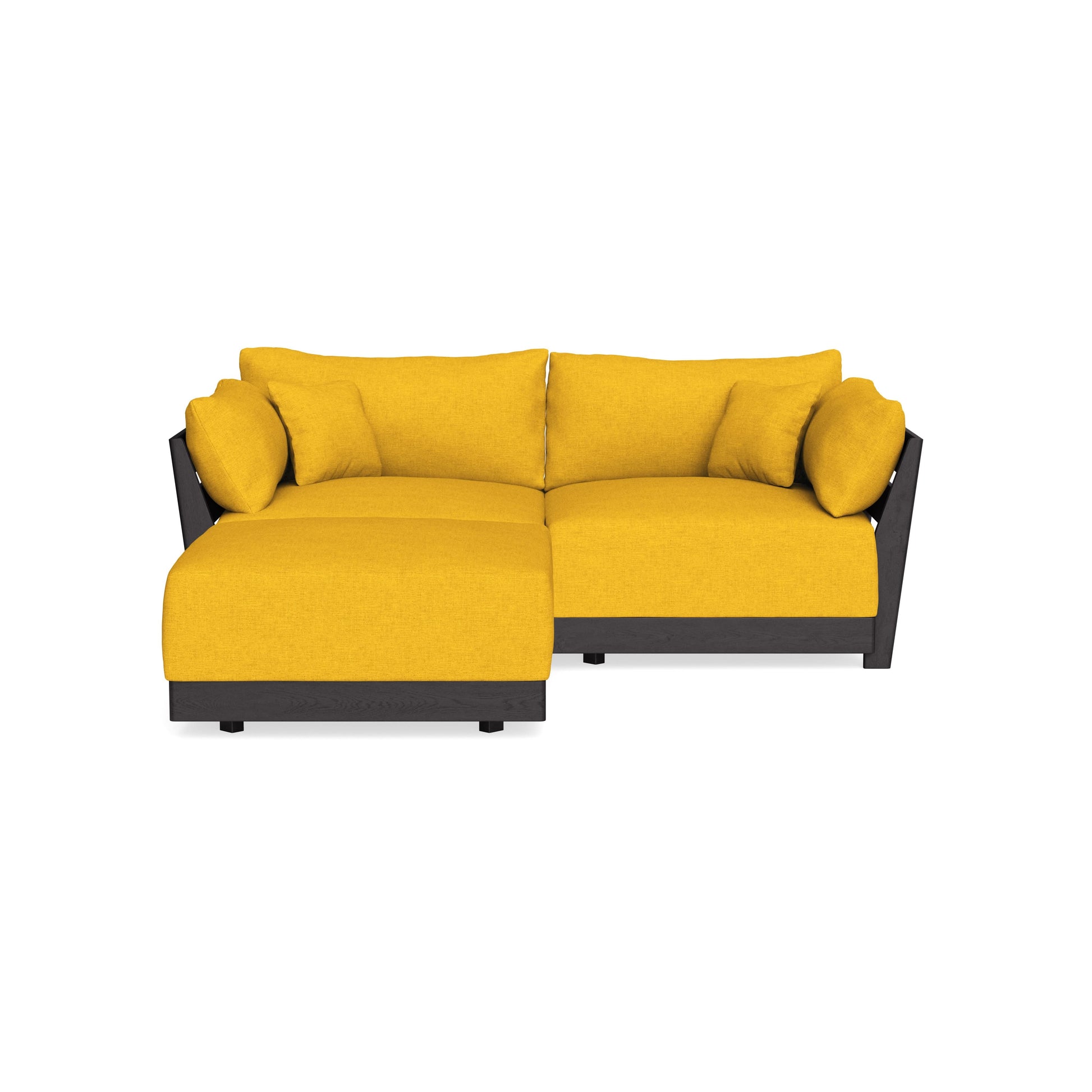 A modern yellow modular sofa with a left-side chaise lounge and dark wooden frame. The sofa includes five plush cushions, creating a cozy and stylish seating arrangement against a white background.