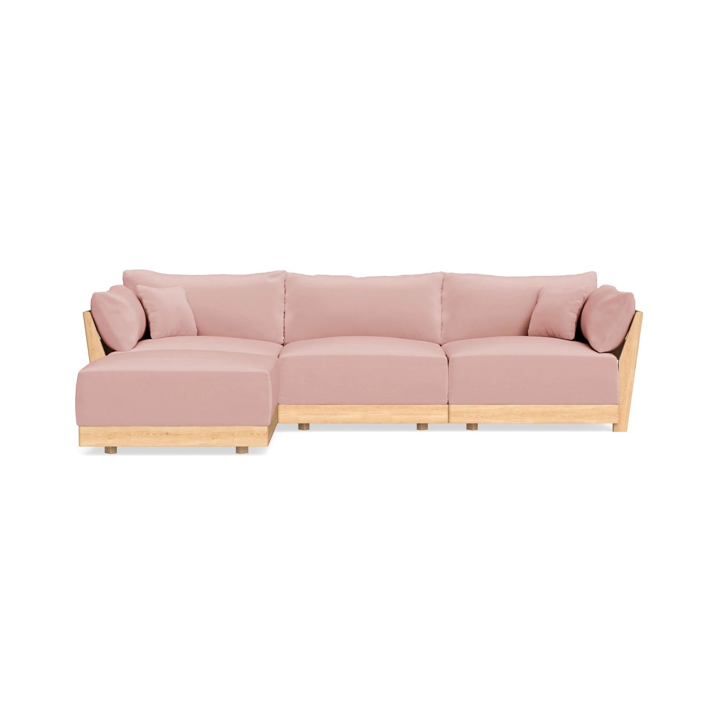 Presenting the Modular Bondi Latte 3 Seater Sectional: a contemporary L-shaped pink sofa with sturdy wooden legs and frame. This elegant piece includes three cushioned seats and coordinating armrest cushions, showcased against a sleek white background.