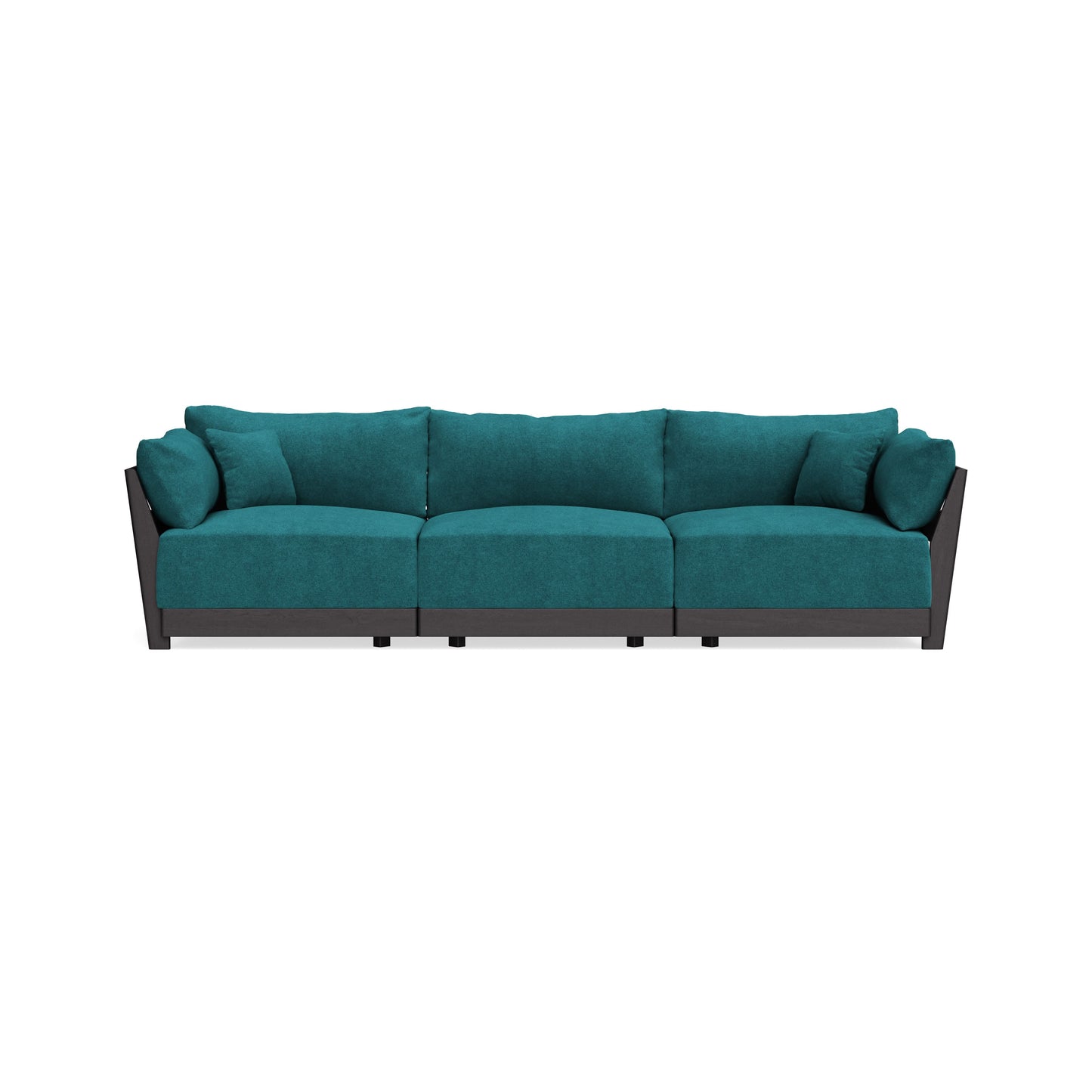 A teal Modular Bondi Latte 3 Seater Sofa with black accents, featuring plush cushions and armrests.