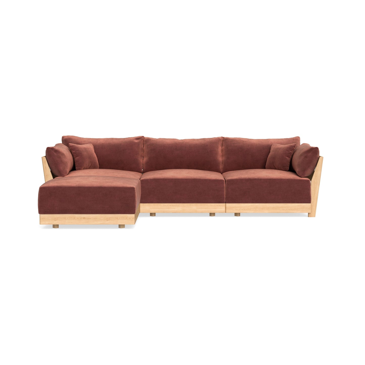 The Modular Bondi Latte 3 Seater Sectional features a spacious L-shaped design with a light wood frame and deep rust-colored cushions, exemplifying a modern, minimalist aesthetic. The sectional includes three seats and a chaise positioned on the left side.