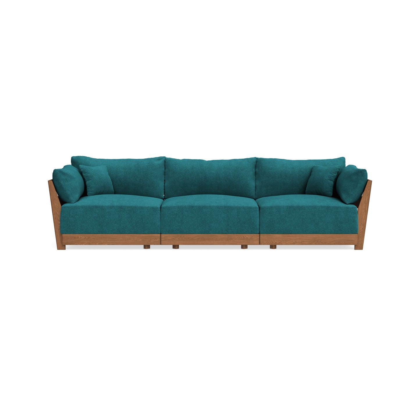 The Modular Bondi Latte 3 Seater Sofa features a sleek design with wooden armrests and base. It comes in a teal fabric with three seat cushions and two back cushions on each end, showcasing a modern, minimalist aesthetic against a white background.