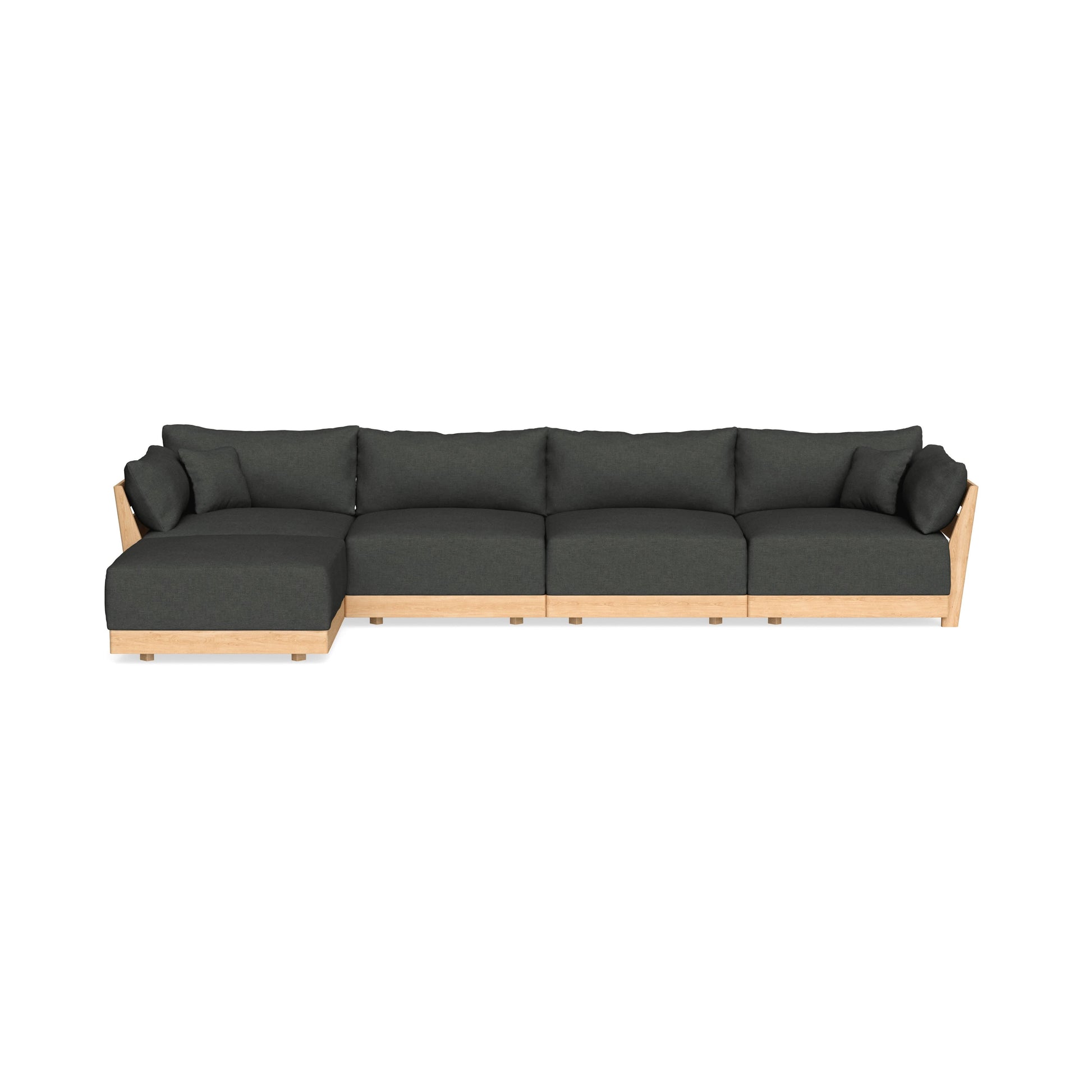 The Modular Bondi Latte 4 Seater Sectional is a contemporary sofa featuring a wooden frame and dark upholstery. It boasts an L-shaped design with a chaise on the left side, set against a plain white background.