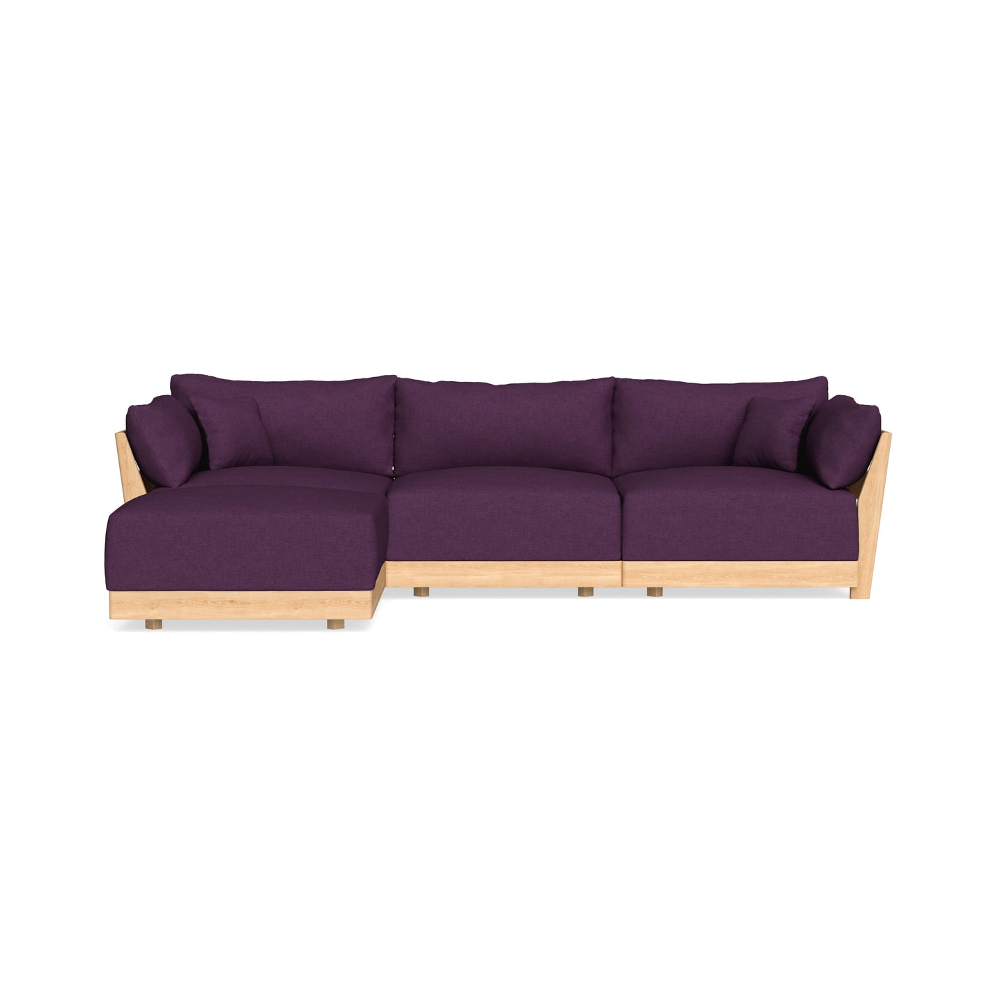 The Modular Bondi Latte 3 Seater Sectional is a sleek L-shaped sofa with purple cushions and a natural wood frame, featuring a chaise lounge on the left side, set against a plain white background.