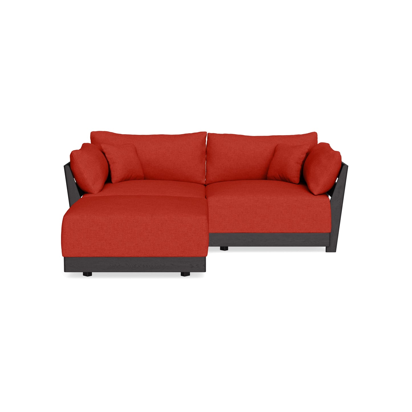 Red sectional sofa with black wooden frame and legs, featuring plush seat cushions and back pillows. The design includes a chaise lounge on the left side, providing a modern and versatile seating arrangement. Set against a plain white background.