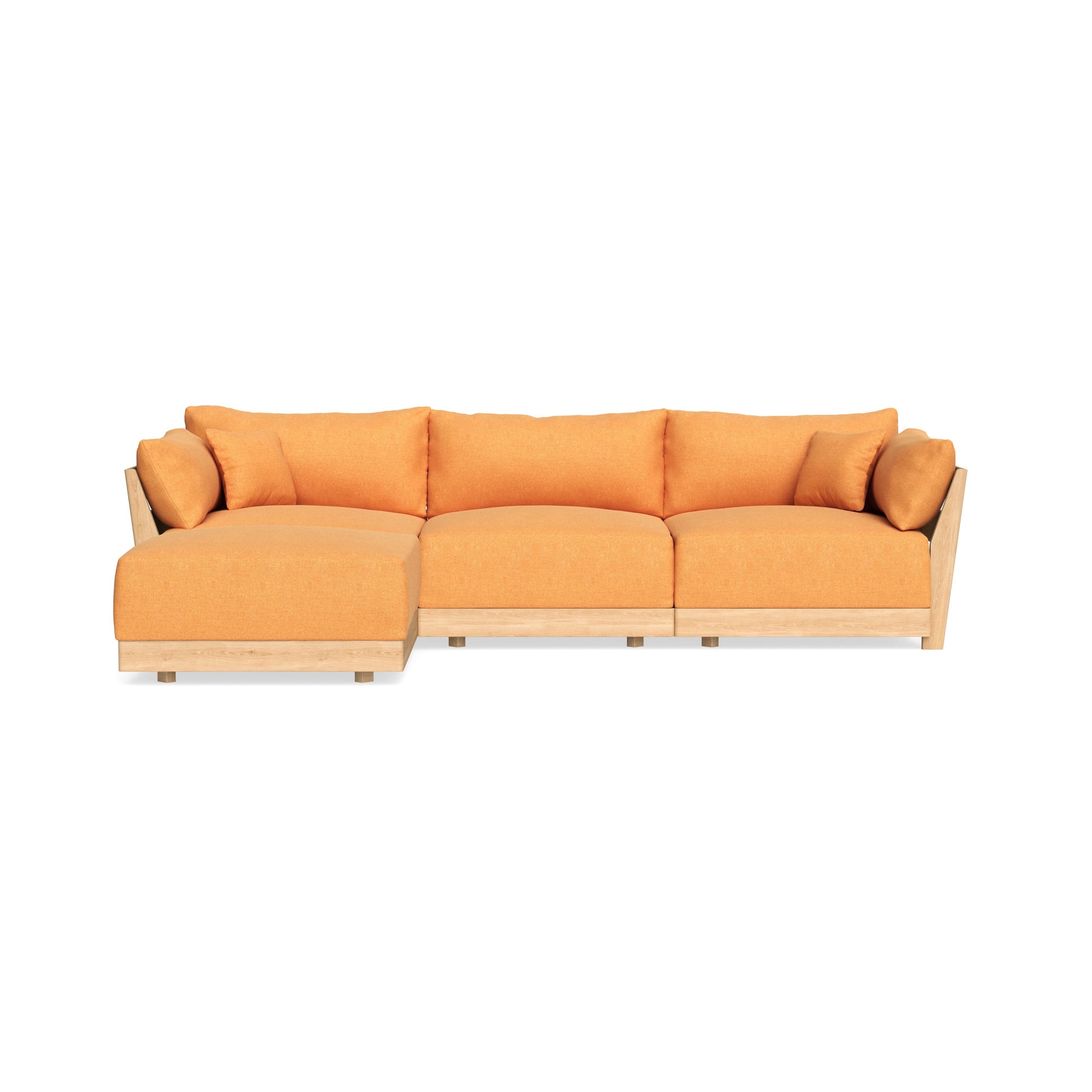 The Modular Bondi Latte 3 Seater Sectional is a contemporary orange sofa featuring a wooden base. With its left-side chaise lounge and plush cushions, this sofa offers a cozy and inviting look. It is displayed against a plain white background.