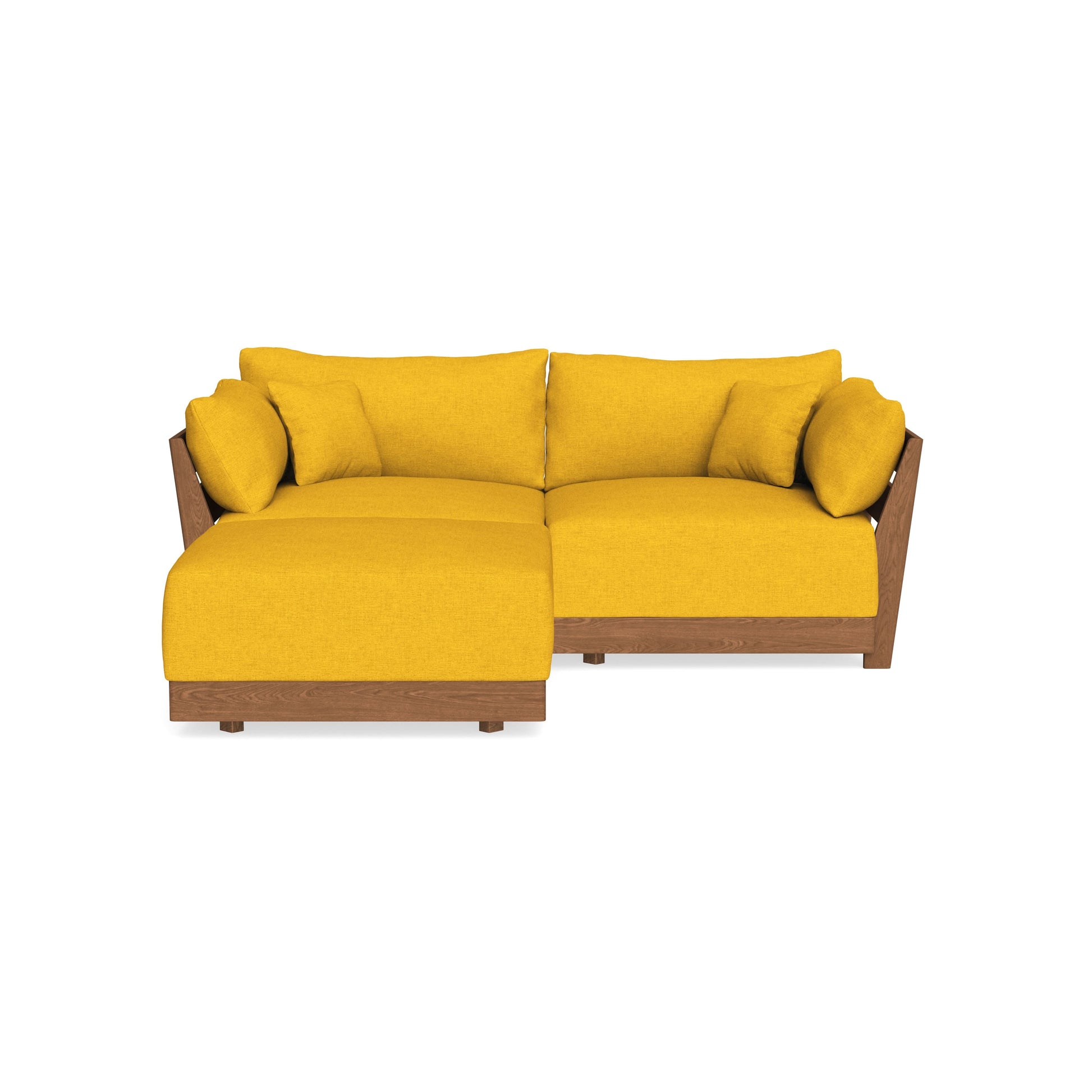 A modern sectional sofa with mustard yellow cushions and a wooden frame. The design includes an L-shaped seating arrangement with plush back and side cushions, set against a white background.