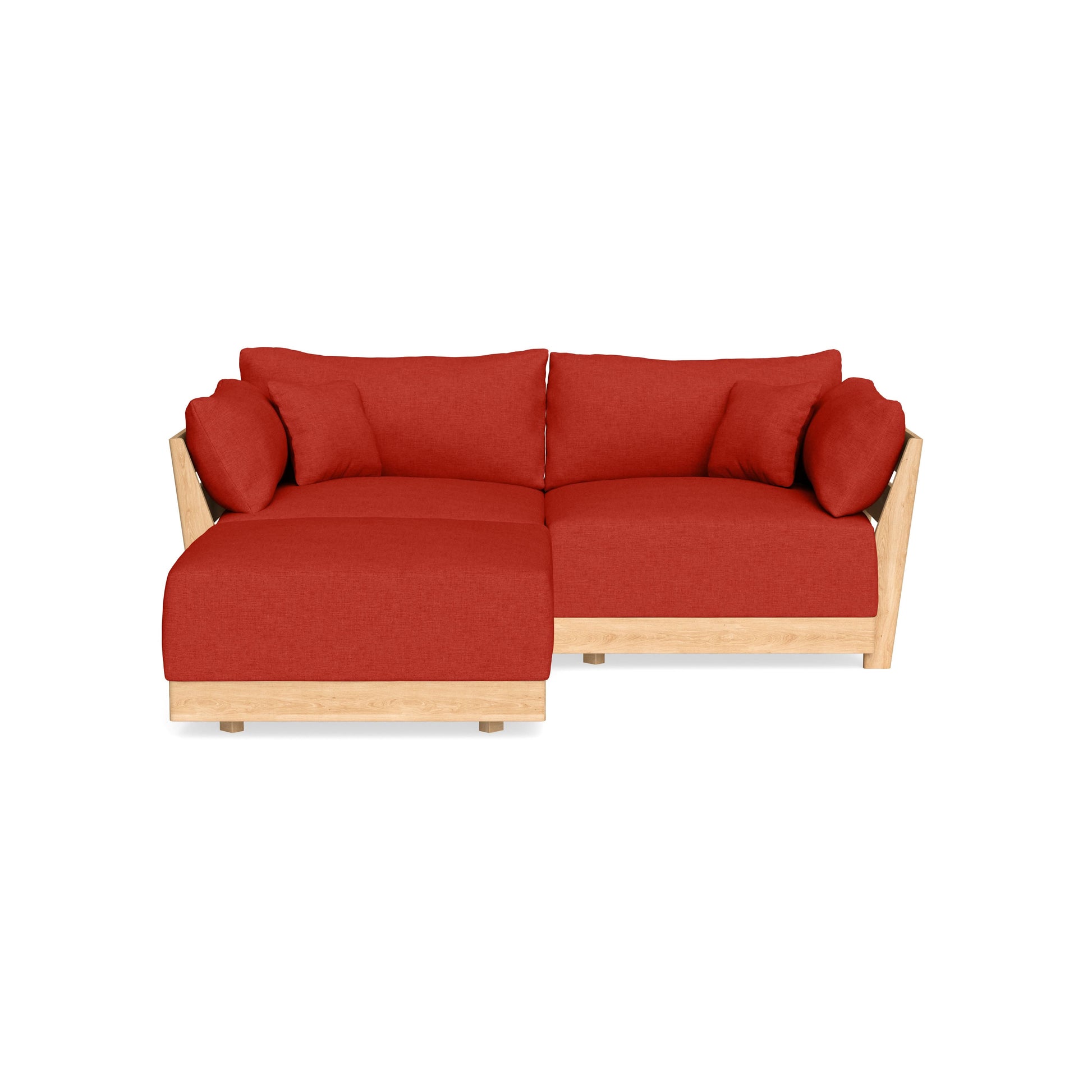 A red sectional sofa with wooden legs and frame, featuring plush cushions. The sofa includes three seat cushions and six scatter back cushions, designed for a modern living room setting.