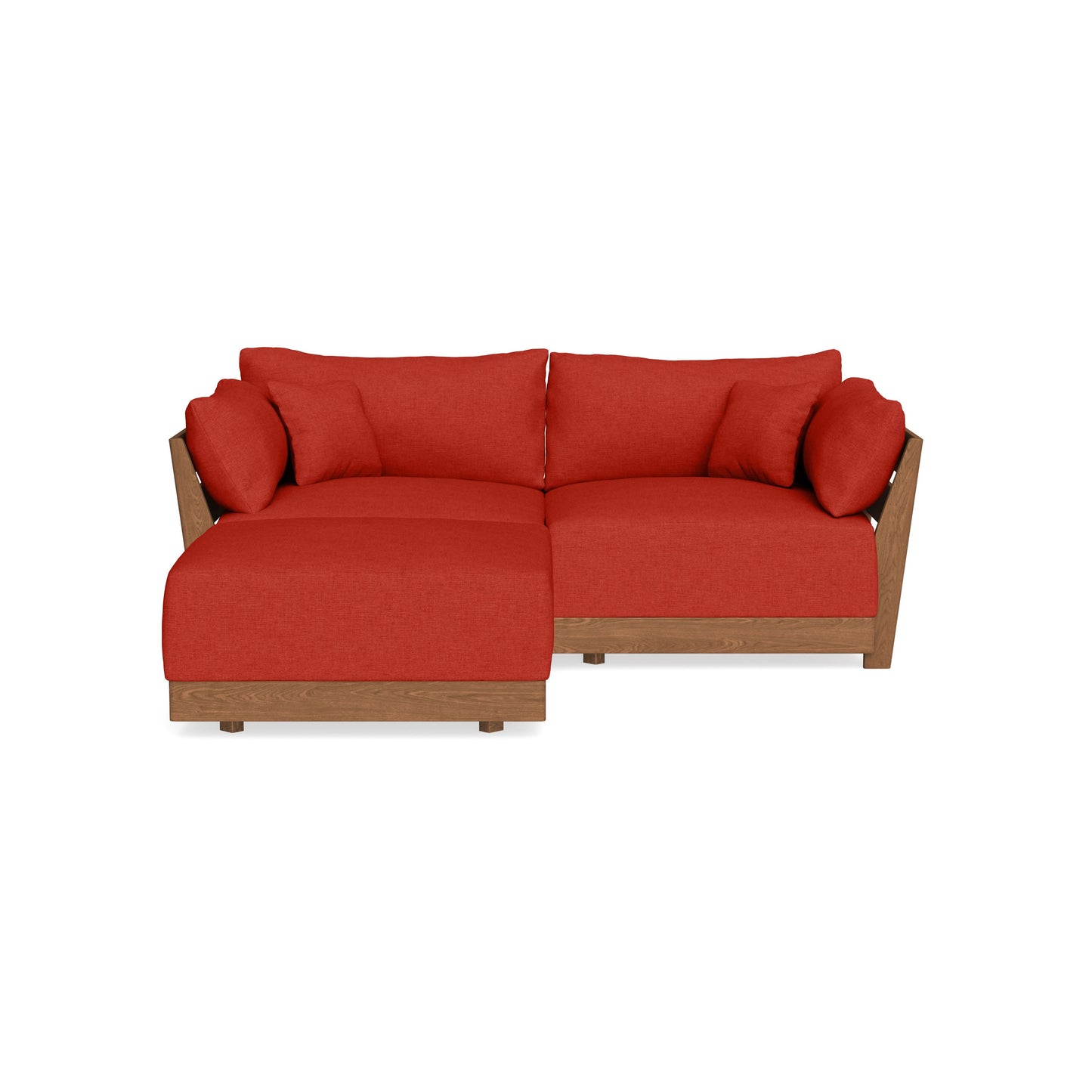 A modern sectional sofa with a left-facing chaise, featuring vibrant red cushions and a wooden frame. The sofa has a minimalist design and appears to be upholstered in a soft fabric, set against a white background.