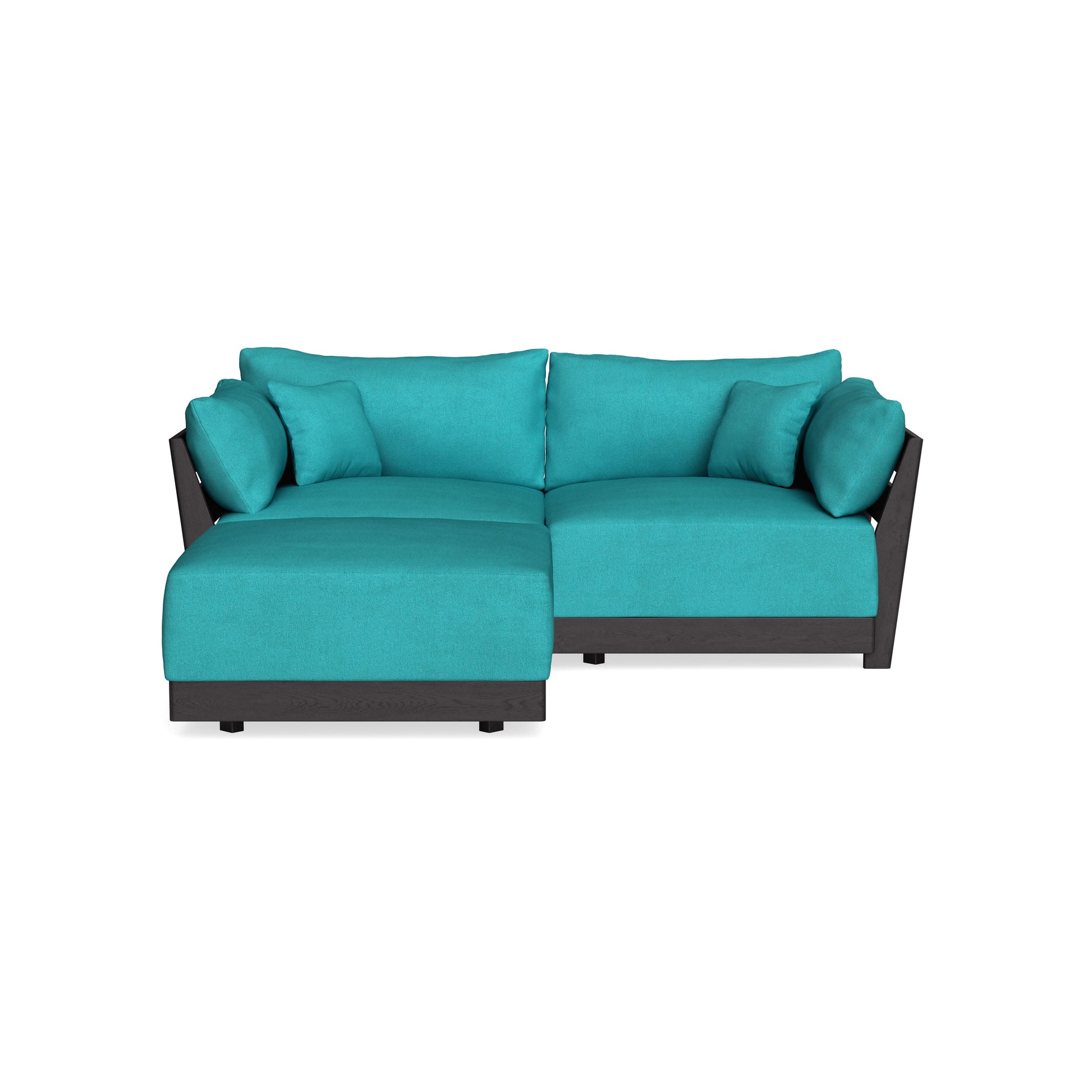 Introducing the Modular Bondi Espresso 2 Seater Sectional, a contemporary turquoise sectional with a dark wood frame. It features plush cushions and an elegant L-shaped design, set against a white background to accentuate its vibrant color and modern style.