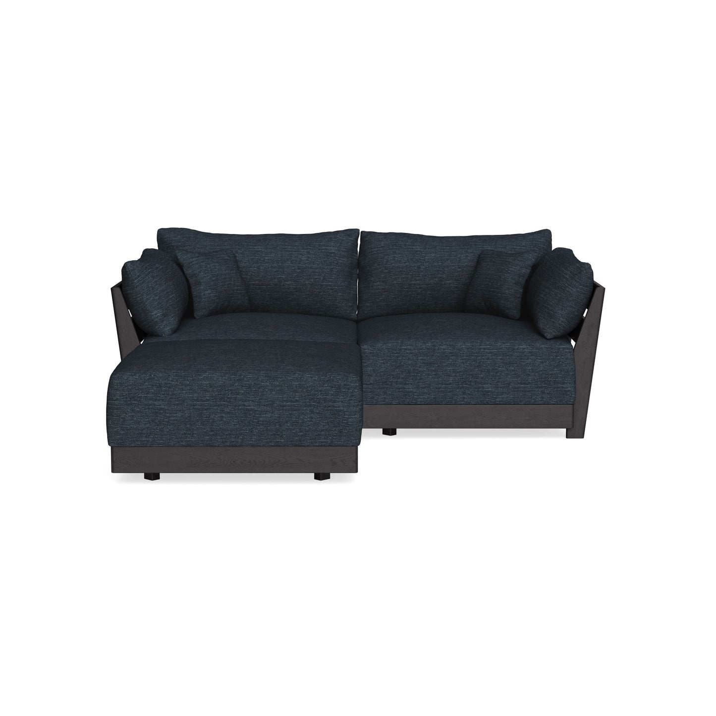 Presenting the Modular Bondi Espresso 2 Seater Sectional: a plush sectional sofa in dark teal with two angled backrests and comfortable cushions. This piece combines modern design elements, featuring a low wooden base and inviting seating for two, making it perfect for creating a cozy living room ambiance.