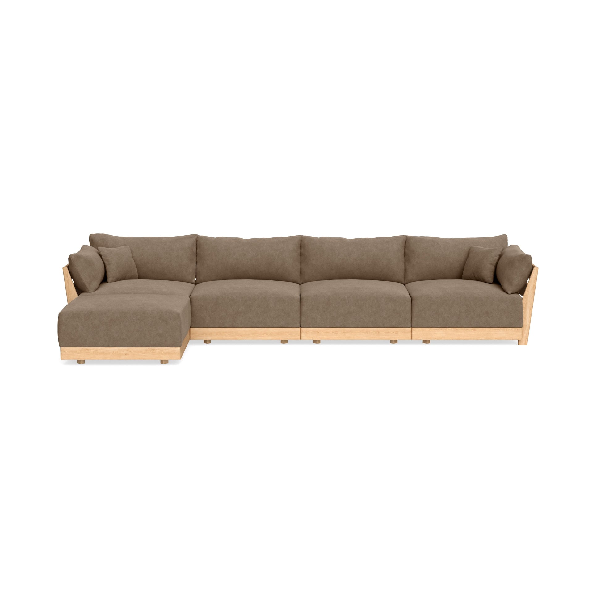 Introducing the Modular Bondi Latte 4 Seater Sectional, a spacious L-shaped sofa with brown cushions and light wood accents. It features a chaise on the left side, seven back cushions, and two corner pillows, all highlighted against a crisp white background.