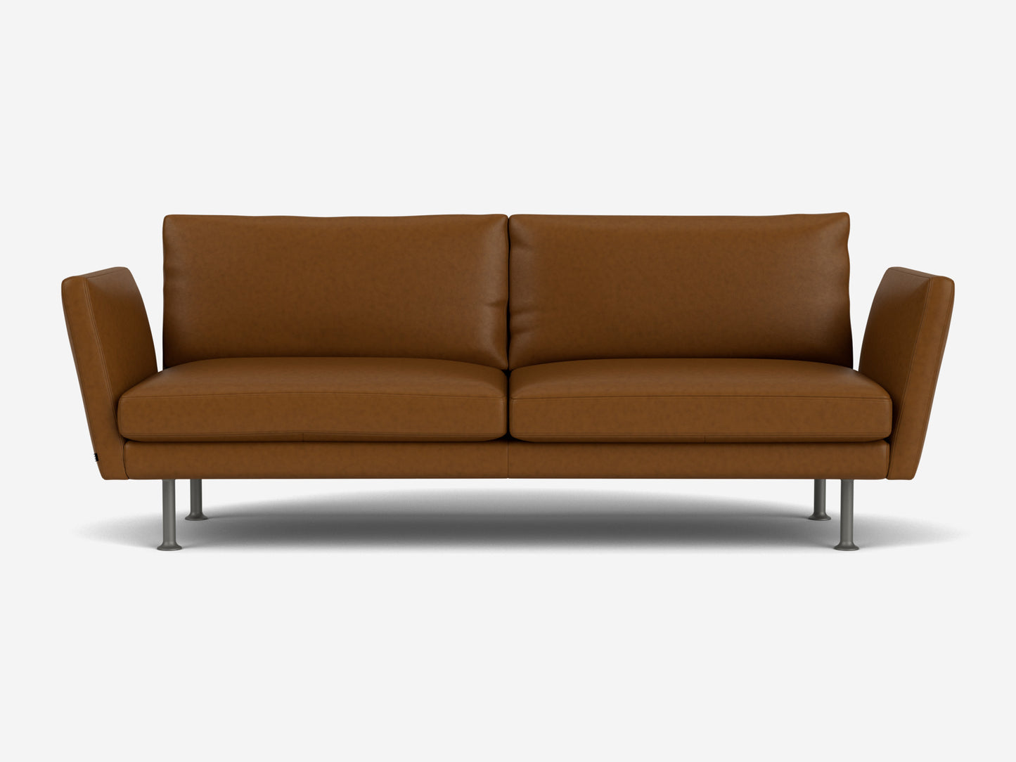 The Form Sofa 92" is a minimalist brown leather sofa featuring two seat cushions and angled armrests on both sides. It stands on four sleek metal legs against a plain white background.