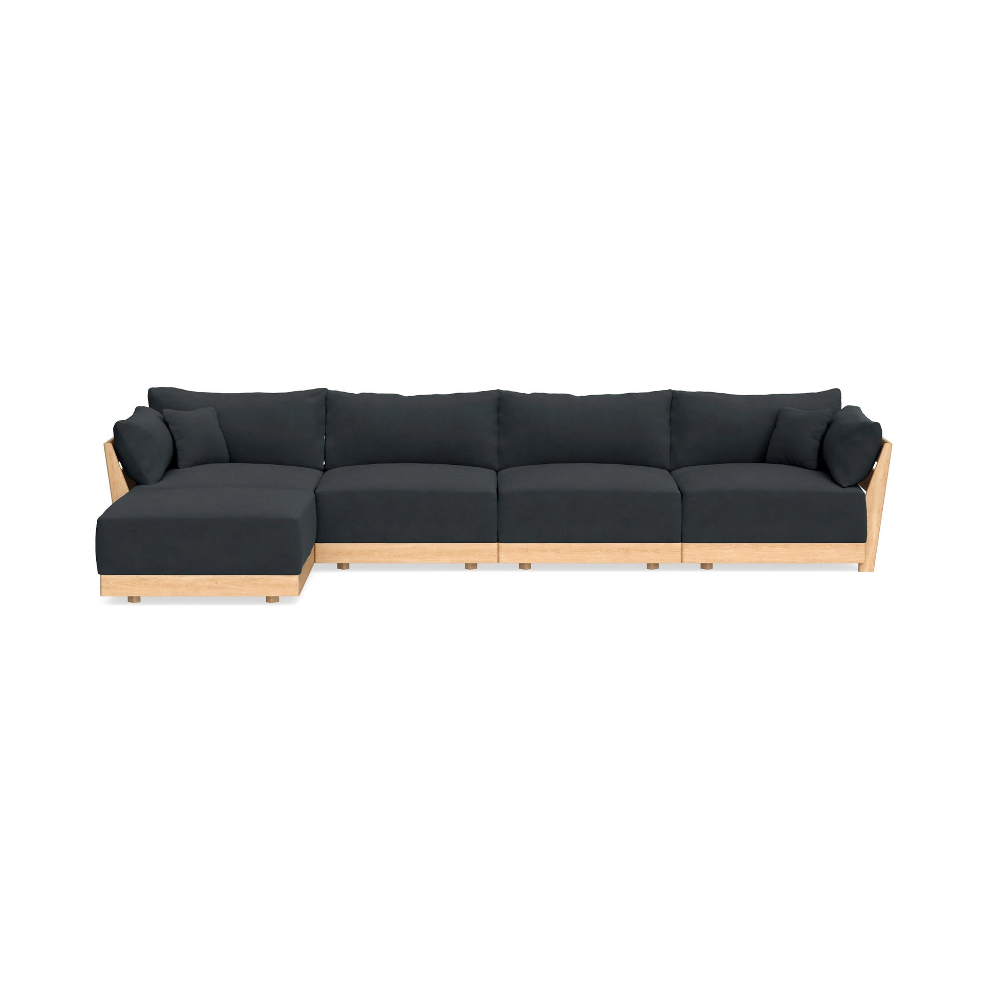 Introducing the Modular Bondi Latte 4 Seater Sectional: a modern dark gray sectional with sleek wooden accents. This stylish piece features a left-facing chaise and three comfortable cushions, offering ample seating. With its simple and elegant design, it's perfect for a contemporary living room.