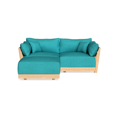 Introducing the Modular Bondi Espresso 2 Seater Sectional, a contemporary piece that boasts turquoise cushions and a light wood frame. Its design includes a left-side chaise lounge, offering generous seating space. The sofa is showcased against a plain white background.