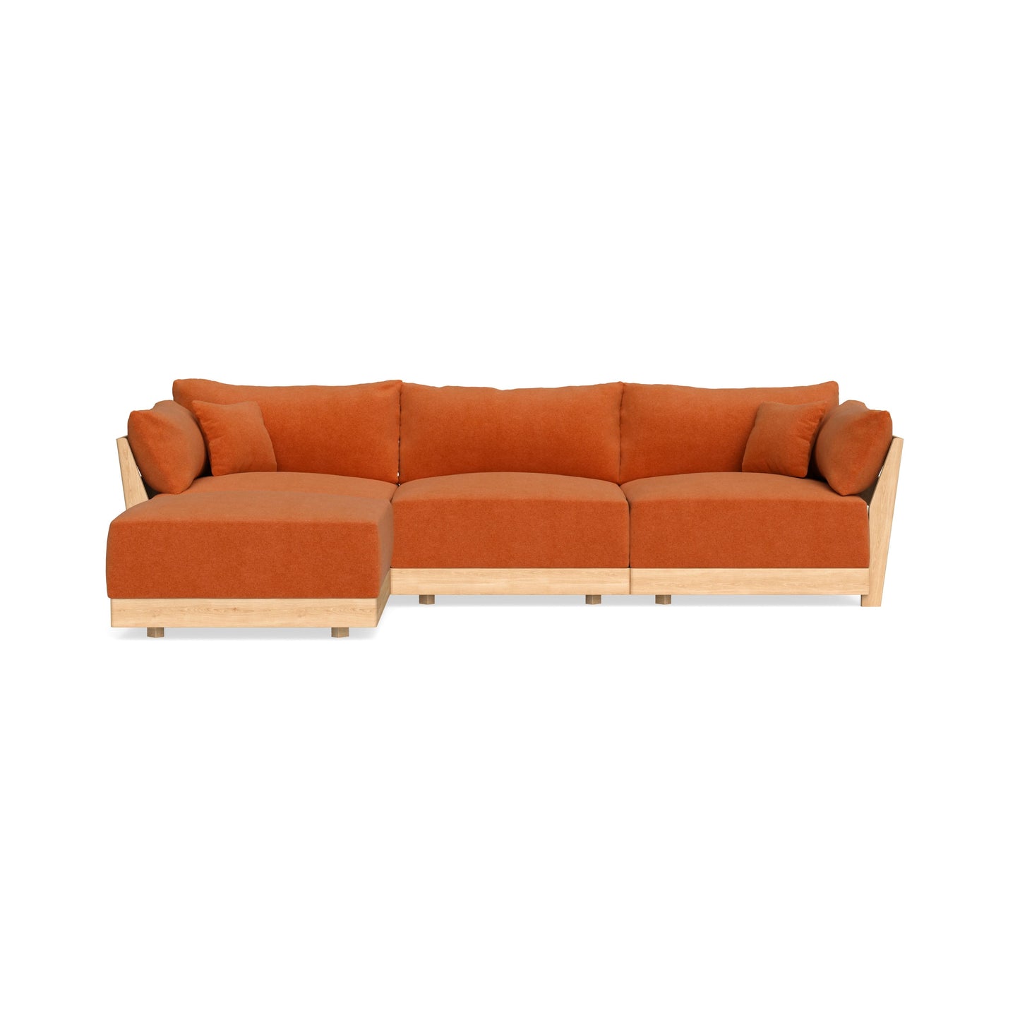 The Modular Bondi Latte 3 Seater Sectional is an orange sofa featuring a wooden base and plush cushions, with a chaise lounge on the left side. Its modern and minimalist design stands out against a white background.