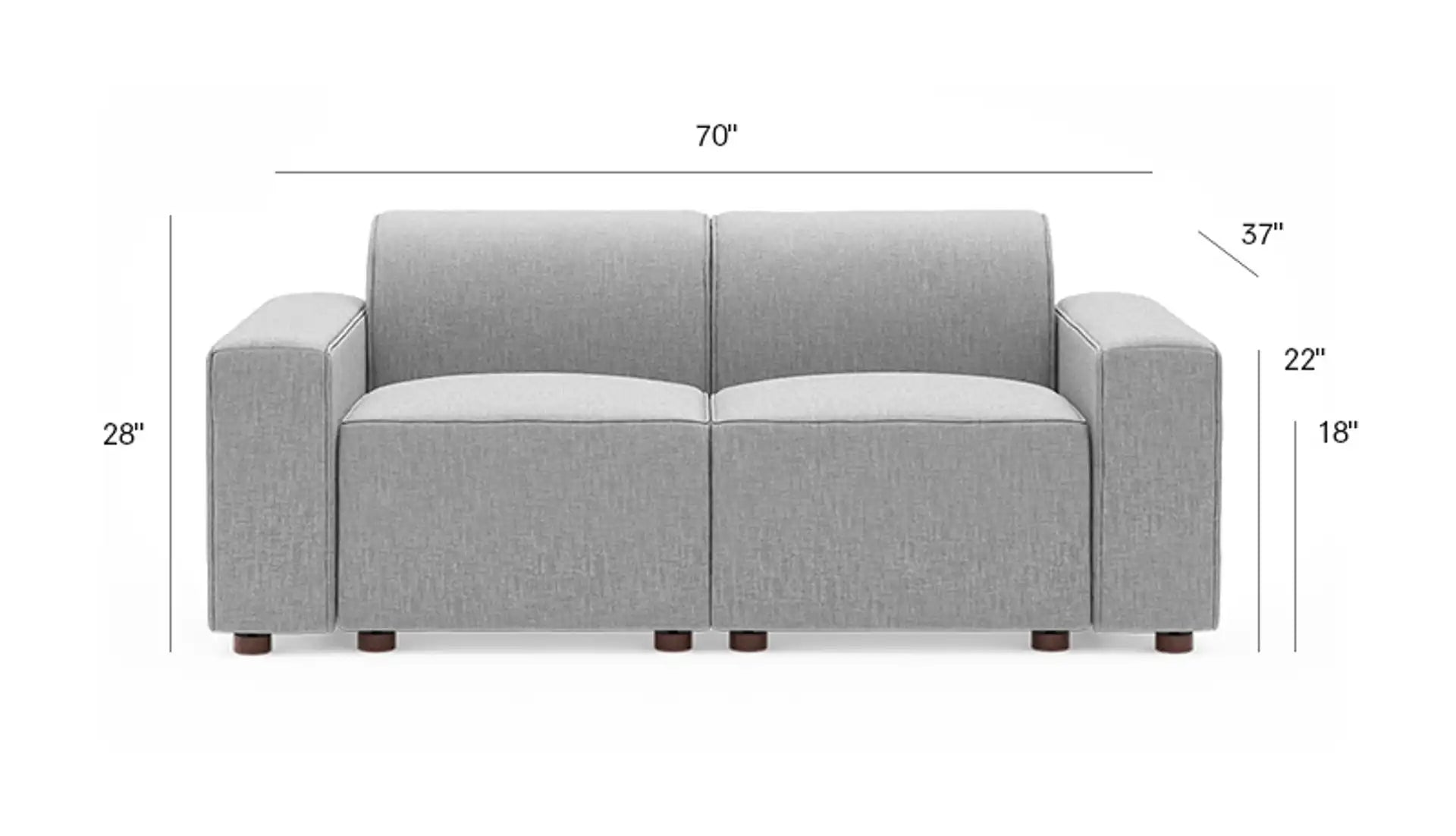 Introducing the Mambo Loveseat, a modern gray sofa featuring a blocky design. This stylish piece includes two seat cushions, wide armrests, and four dark legs. It measures 70" in width, 37" in height, and 28" in depth, with arm and seat heights of 22" and 18", respectively.