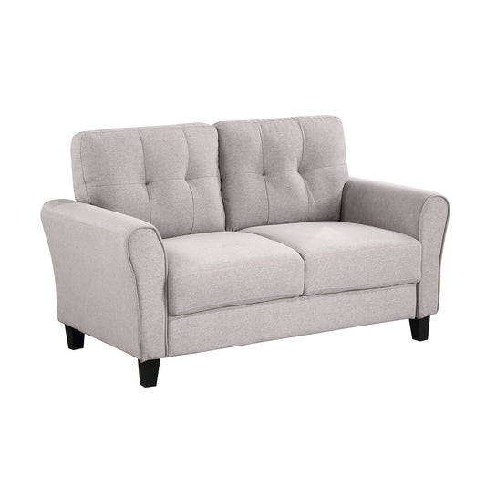 A light gray, two-seater 'Modern Living Room Loveseat' features tufted back cushions and slightly curved armrests with a sleek design on four dark wooden legs, perfect for home or office.