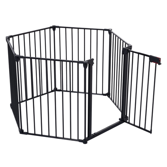 The Adjustable Safety Gate Play Yard is a black metal hexagonal playpen with a gated door, designed for indoor use. It has vertical bars and a latch for secure closure, suitable for pets or children.