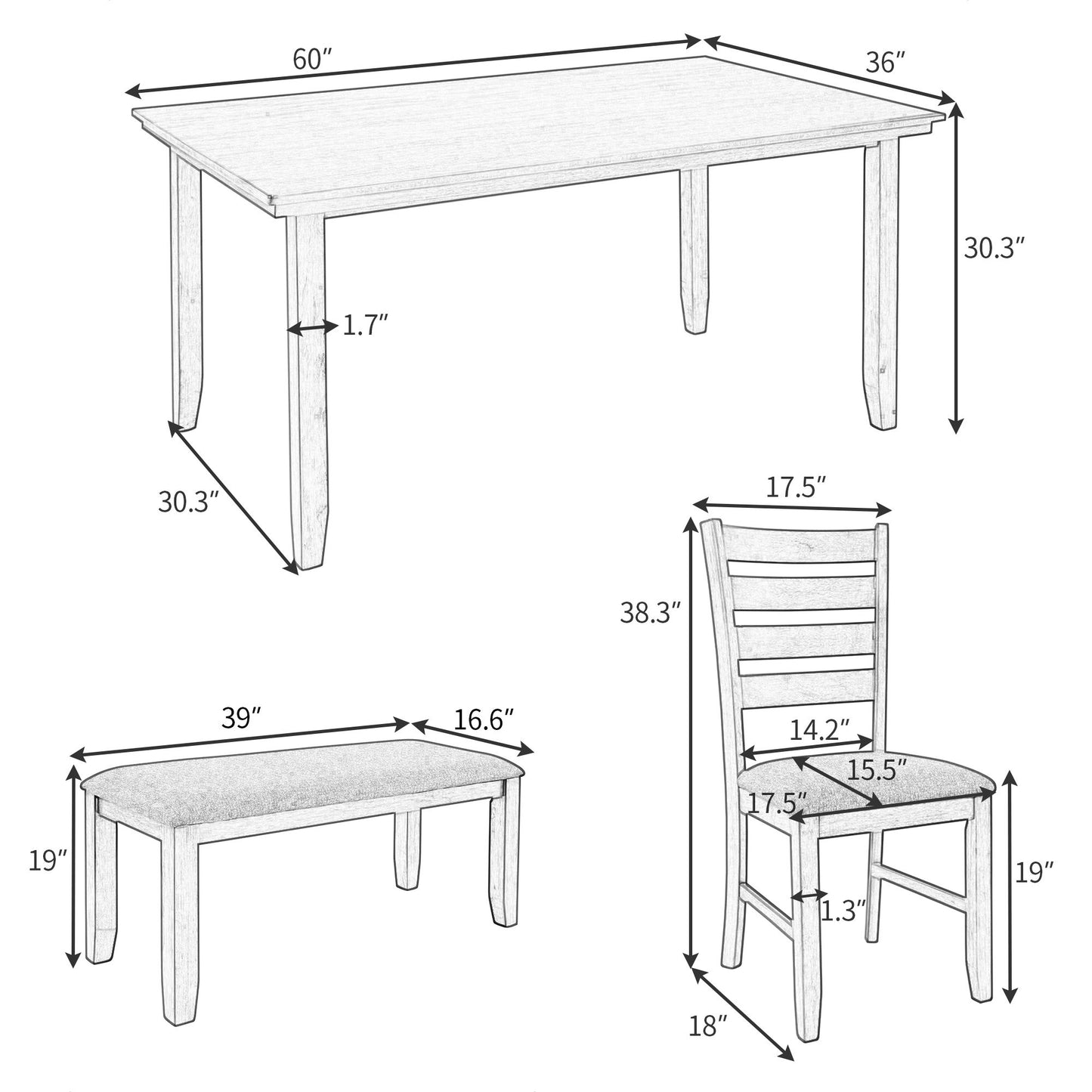 The Dining Room Table And Chairs With Bench set includes a table (60" x 36" x 30.3"), bench (39" x 16.6" x 19"), and chair (17.5" x 18" x 38.3", seat height: 17.5", width: 15.5", depth: 14.2").