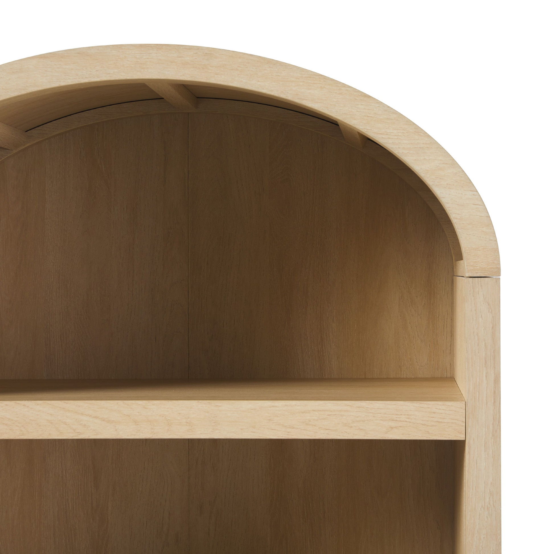 The Modern 5 Shelf Open Arched Bookshelf features a light wooden finish with visible grain patterns, arched top, and one main shelf against a plain background. The back and sides are crafted from the same wood.