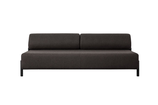 Introducing the Palo 2-seater Sofa: a contemporary piece in dark gray featuring a minimalist design. It boasts a rectangular shape, straight backrest, and clean lines, all beautifully highlighted against a plain white background.